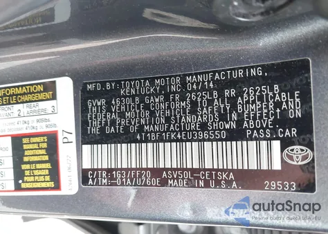 2014 Toyota Camry Se z USA, uszkodzony, nr VIN 4T1BF1FK4EU396550